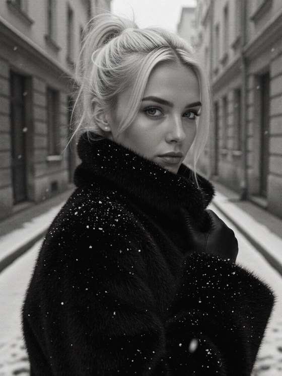 Harper in a black fur coat in falling snow, black and white